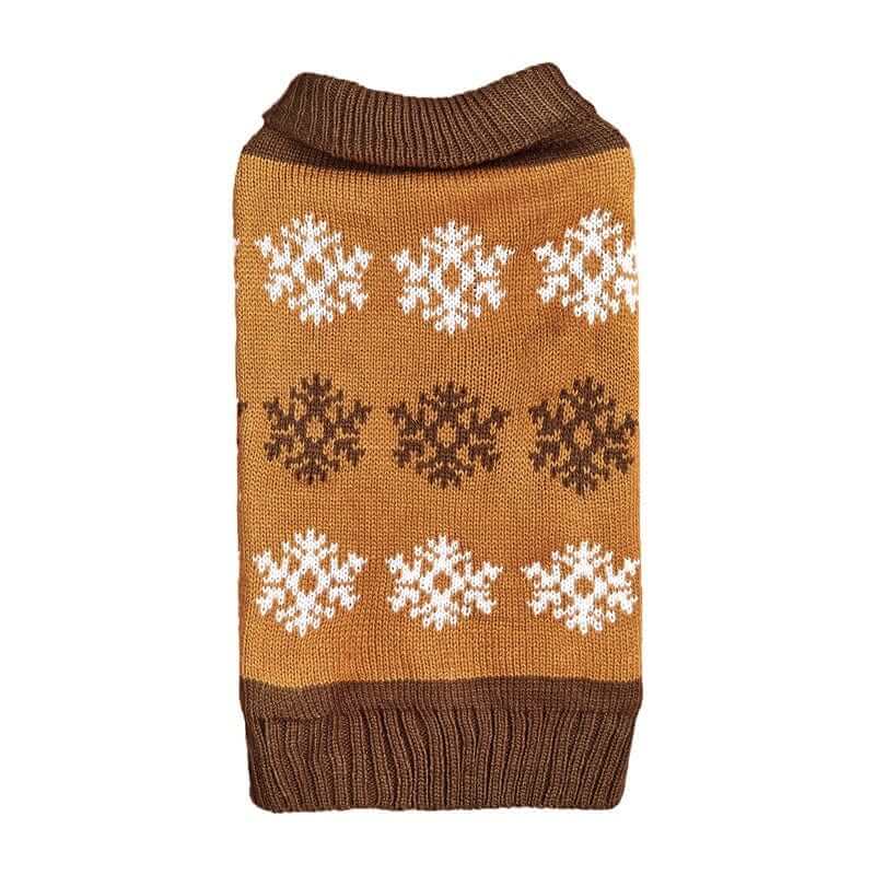 Frosty Paws Dog Sweater, cozy dog sweater with snowflake pattern in brown and gray, perfect for winter, Dogs & Cats brand.