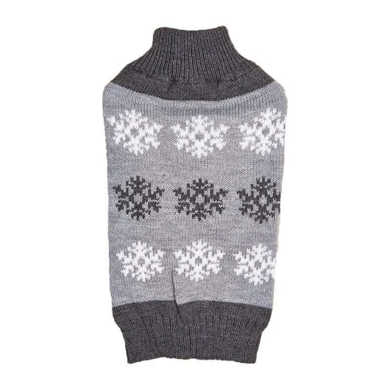 Frosty Paws Dog Sweater in gray with snowflake pattern for dogs and cats by Dogs & Cats brand.