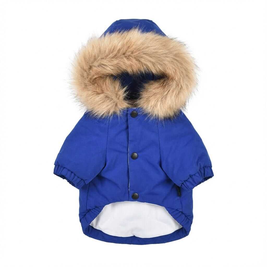 Fur Hooded Mink Coat for dogs & cats, featuring a blue design with fur trim, easy to wear, and keeps pets warm.