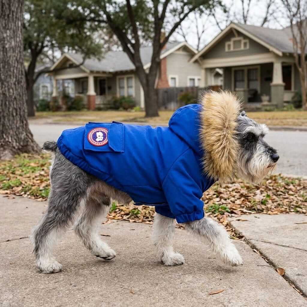 Fur Hooded Mink Coat on a stylish dog walking in the neighborhood, showcasing trendy design and warmth by Dogs & Cats.