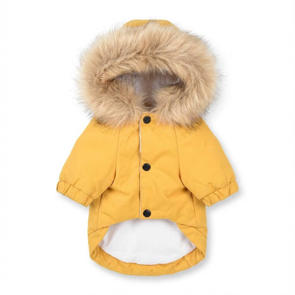 Fur Hooded Mink Coat for Dogs & Cats, featuring a furry hood, easy on/off buttons, and stylish design for winter.