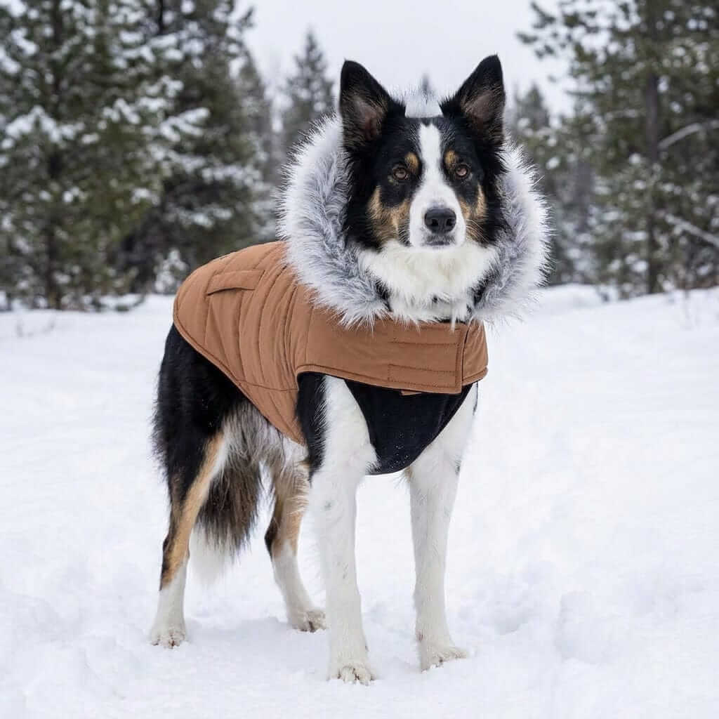 Fur Trim Hood Padded Coat for dogs featuring a breathable faux fur trim hood, lightweight feel & cozy design by Dogs & Cats.