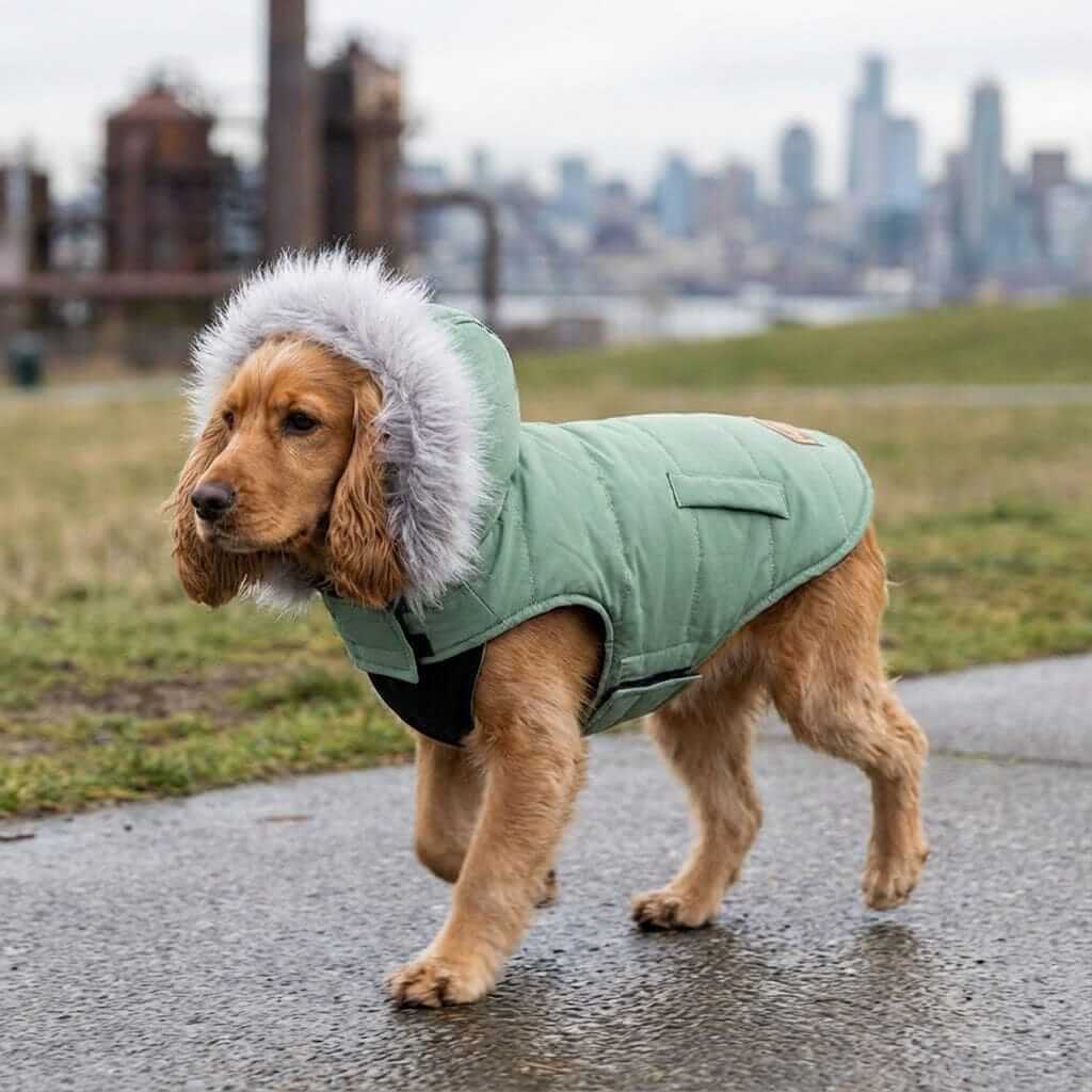 Fur Trim Hood Padded Coat for dogs, featuring breathable faux fur trim hood, lightweight, and cozy design.