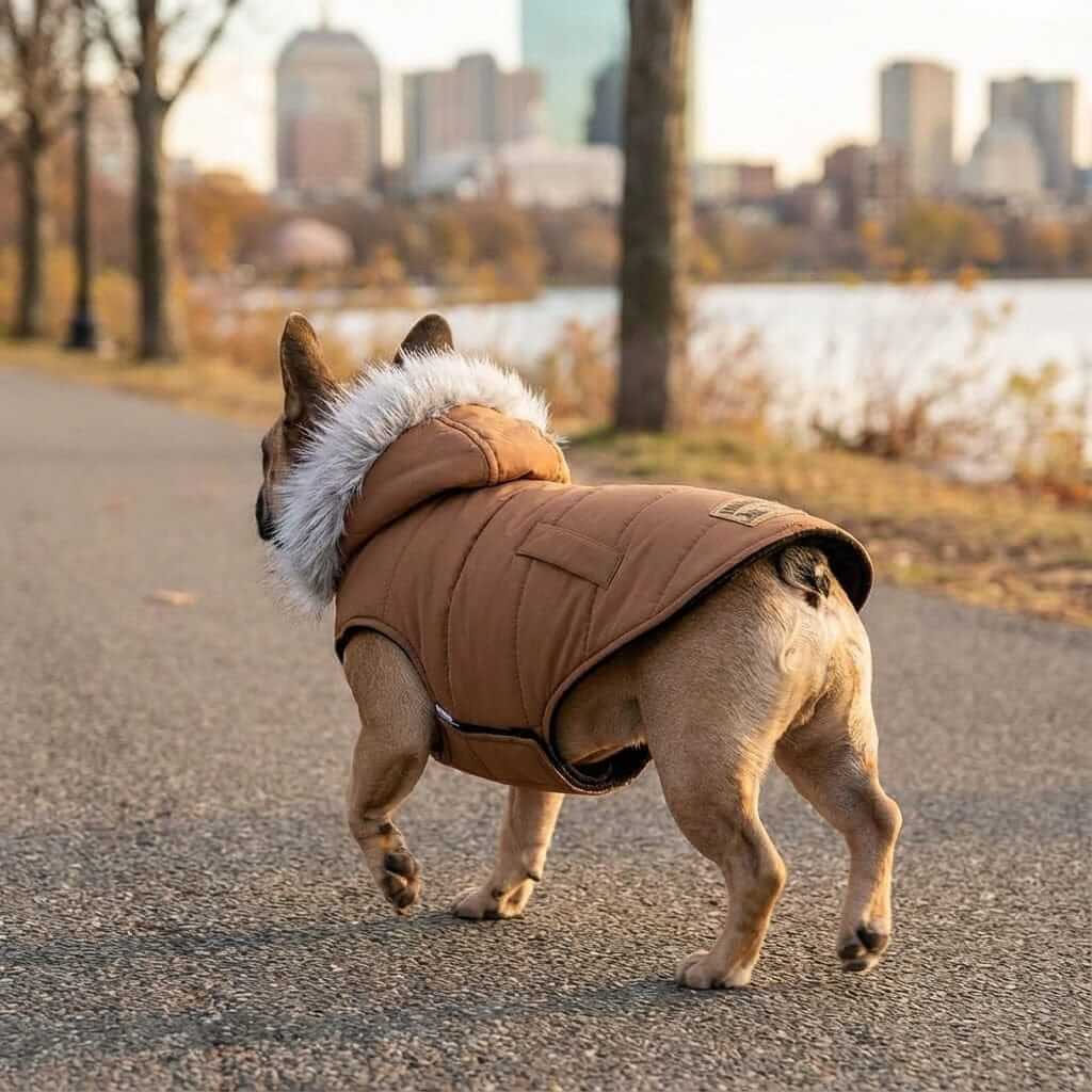 Fur Trim Hood Padded Coat on a stylish French Bulldog, featuring faux fur trim, keeping pets cozy and warm.