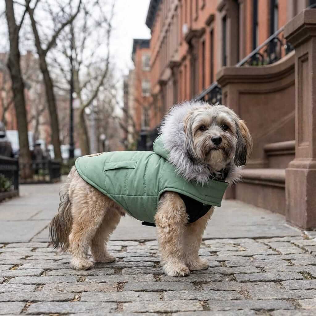 Fur Trim Hood Padded Coat for dogs, stylish dog coat with faux fur trim, hooded neckline, keeping pets warm and cozy.