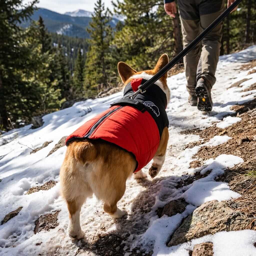Furr-eedom Padded Dog Winter Coat on a dog walking in snow, featuring breathable fabric and lightweight design from Dogs & Cats.