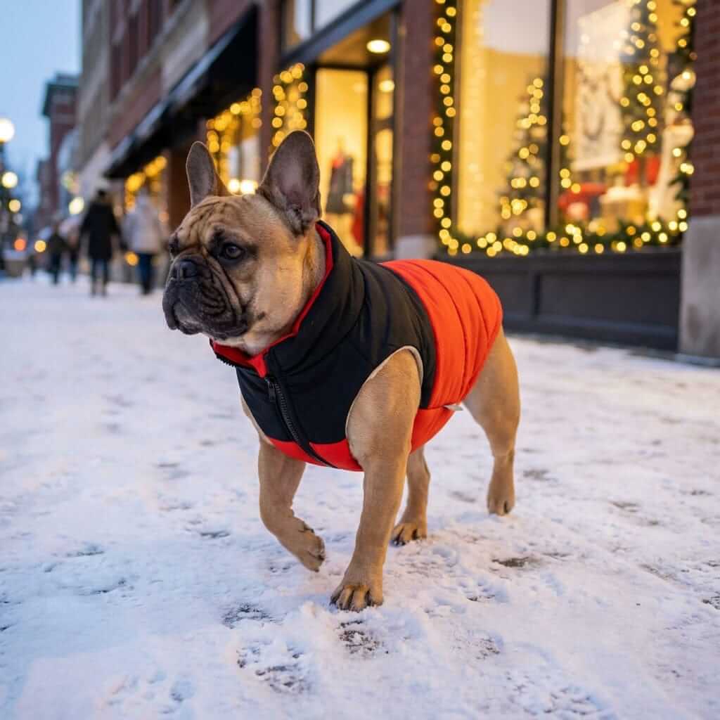 Furr-eedom Padded Dog Winter Coat on a French Bulldog in a snowy street, ideal for winter adventures.