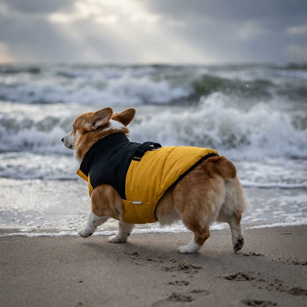 Furr-eedom Padded Dog Winter Coat on a corgi running at the beach, designed for cold weather adventures.