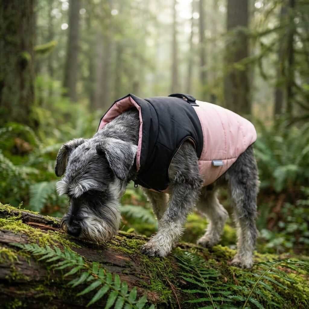 Furr-eedom Padded Dog Winter Coat on a dog in the forest, showcasing its padded design and outdoor features for winter adventures.