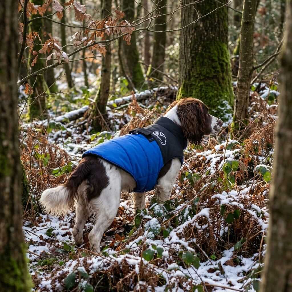 Furr-eedom Padded Dog Winter Coat worn by a dog in the forest, showcasing warmth and style for outdoor adventures.