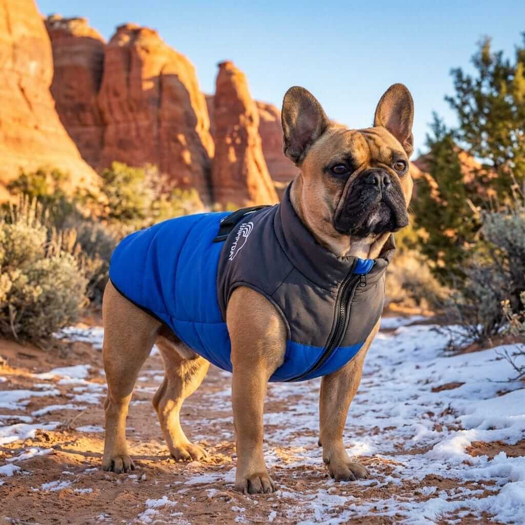 Furr-eedom Padded Dog Winter Coat on a French Bulldog, showcasing breathable fabric and outdoor style for dogs.