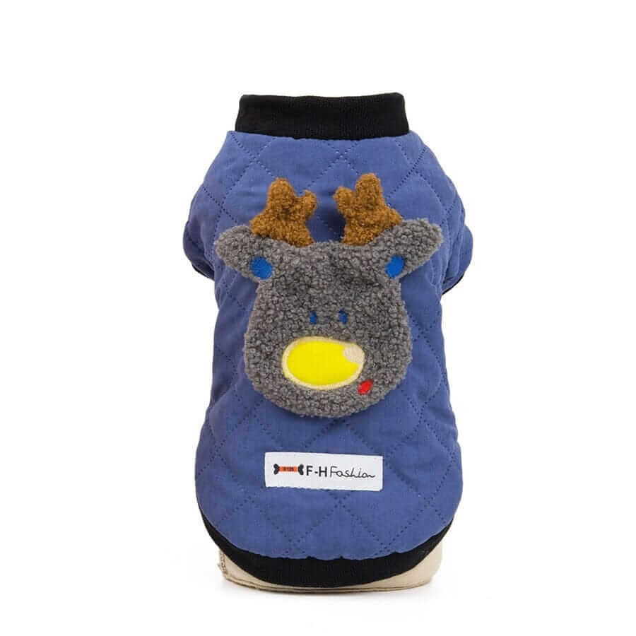 Furry Dog Winter Padded Jacket for Dogs & Cats with breathable cotton material and unique reindeer design.