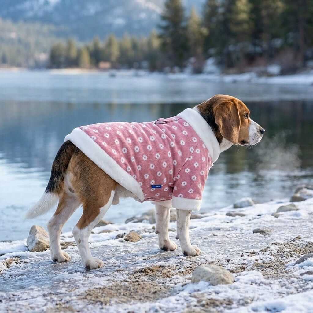 Beagle wearing Furry Fiesta Corduroy Winter Dog Coat near snowy lake, showcasing breathable fabric and stylish design.