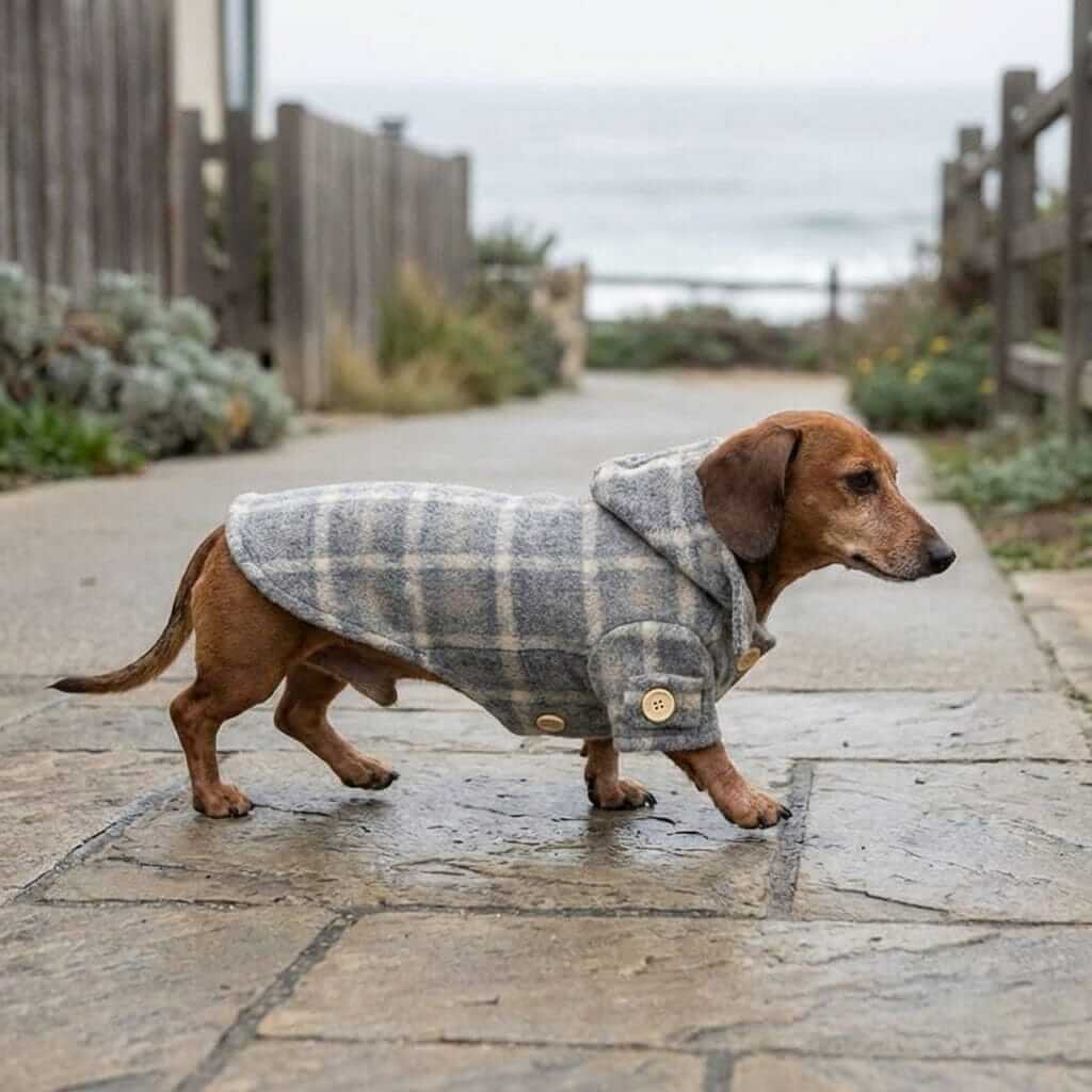 Furtastic Hooded Plaid Dog Coat on a dachshund, featuring soft fabric, lightweight design, by Dogs & Cats.