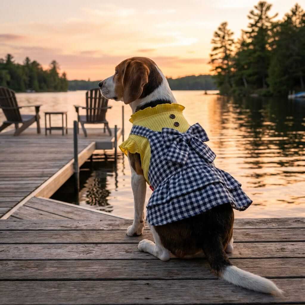Dog wearing Fuzzy Wuzzy Plaid Skirt with yellow top by Dogs & Cats by the lakeside at sunset.