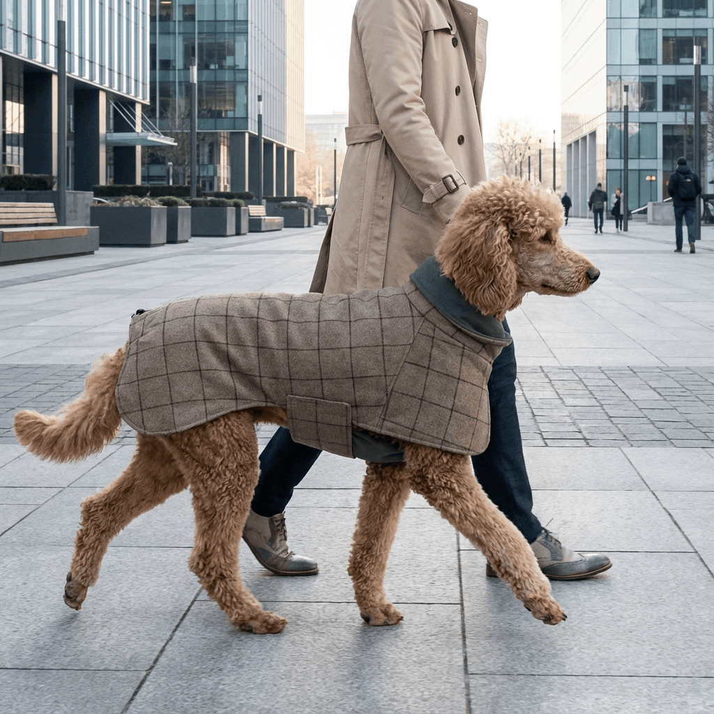 Gentleman Dog Coat on a stylish dog walking in the city, offering warmth and elegance for medium-sized male dogs from Dogs & Cats.