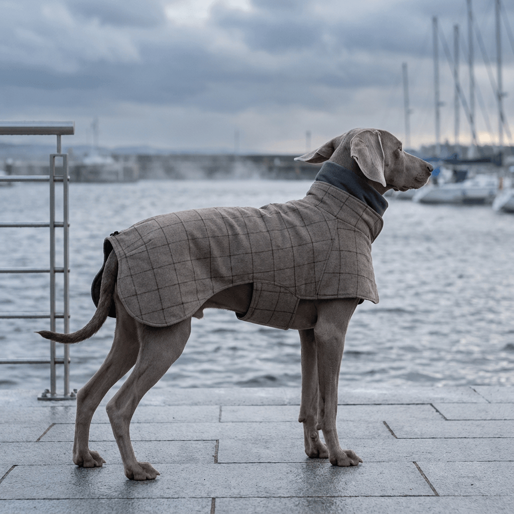 Gentleman Dog Coat on a stylish dog by the water, showcasing elegant warmth and classic British-inspired design.