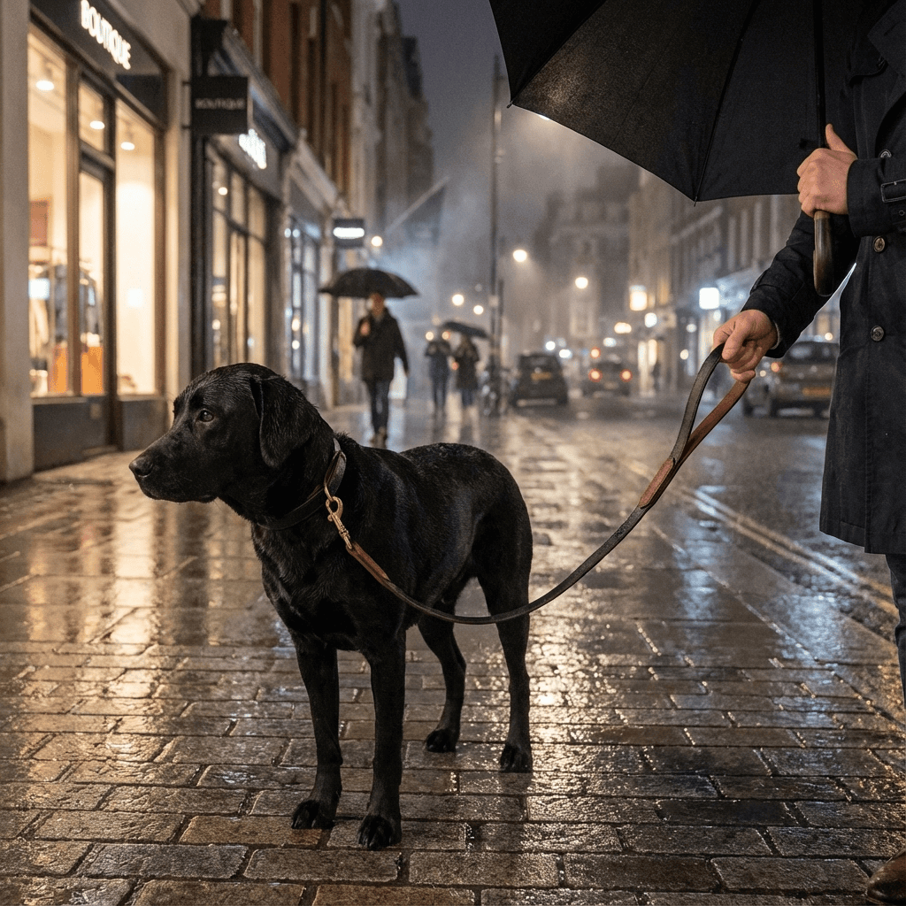 Genuine Leather Dog Leash - Strong & Durable on a walk with a black dog in the rain. Perfect for Dogs & Cats.