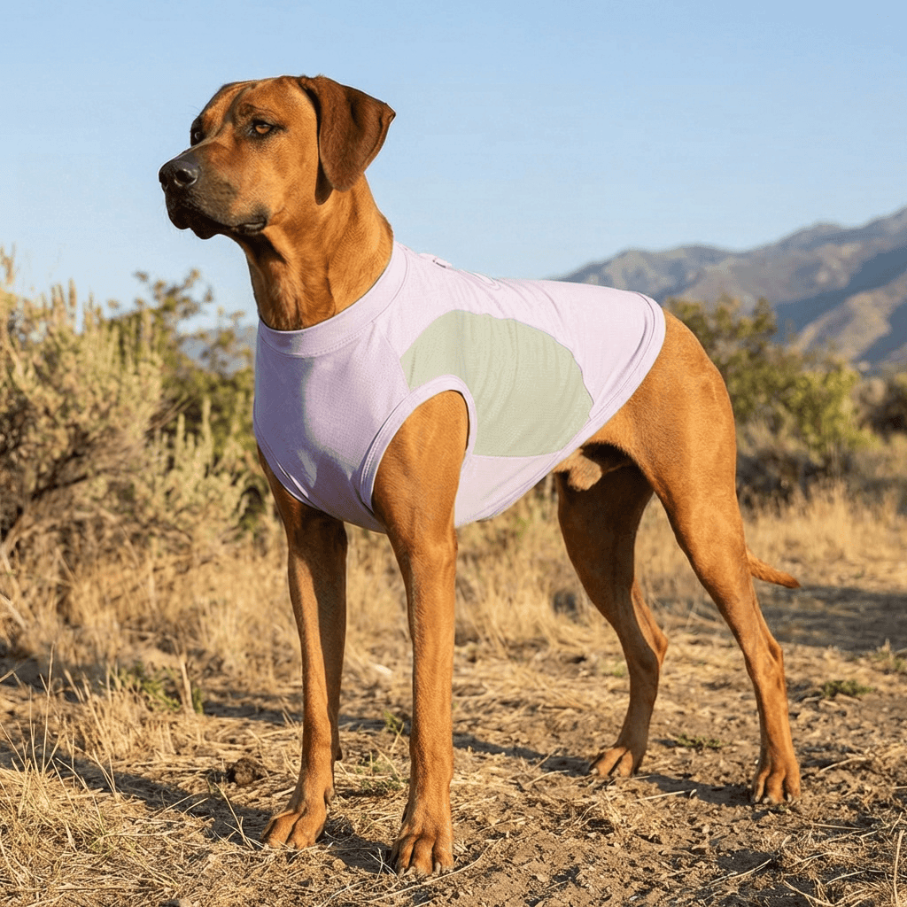 Glacier Cooling Dog Vest on a dog, lightweight polyester mesh for summer comfort, ideal for Dogs & Cats brand.