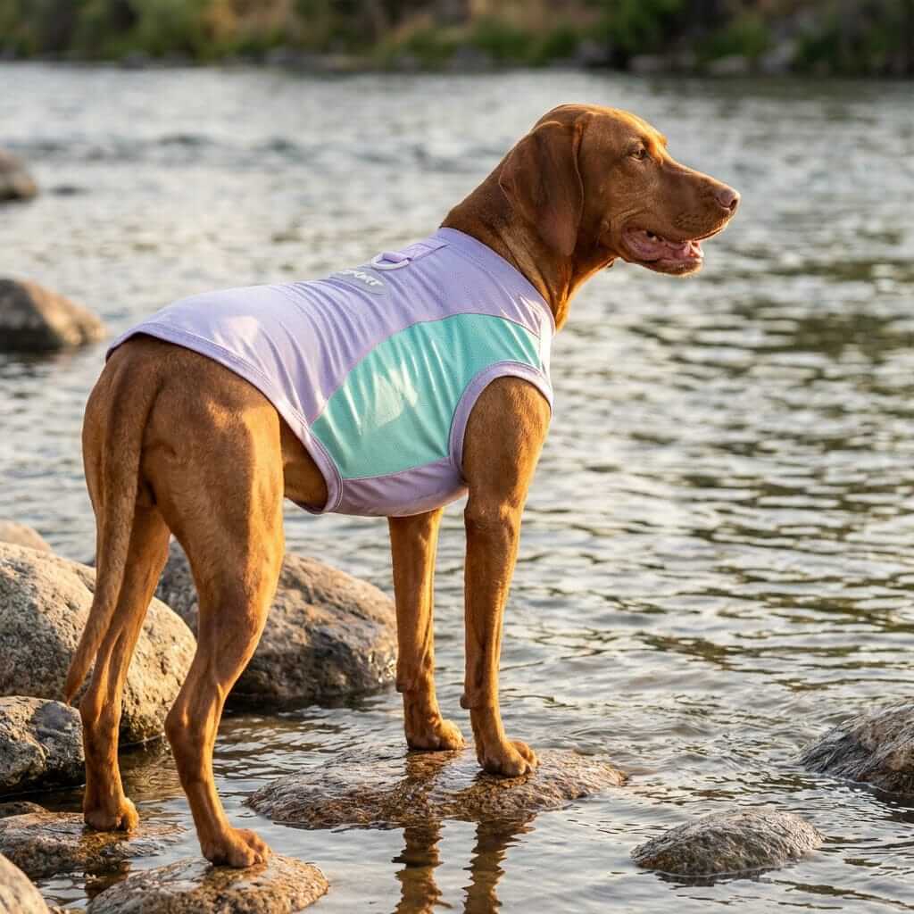 Glacier Cooling Dog Vest worn by a brown dog by the water, breathable and lightweight for warm weather comfort.