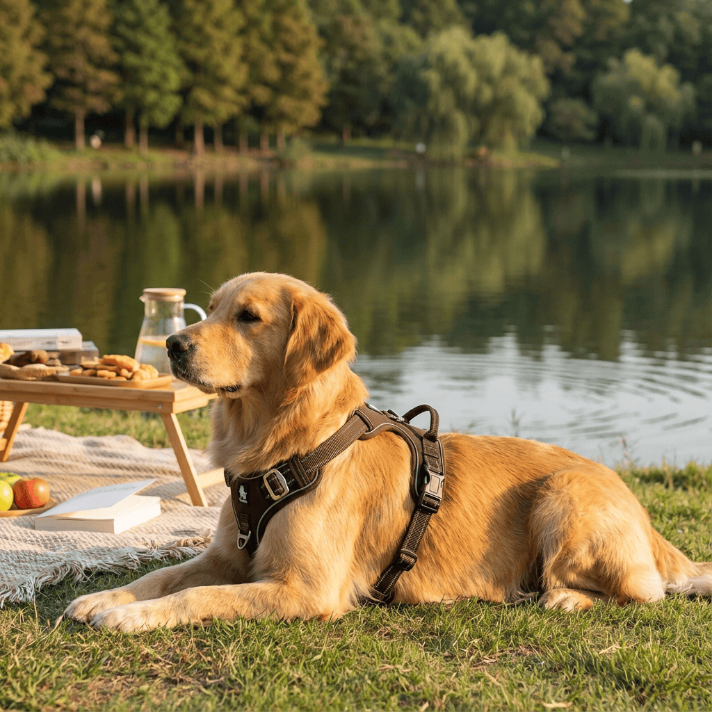 Golden Retriever wearing GlowGuard No-Pull Dog Harness, enjoying a picnic by the lake, showcasing comfort and style.