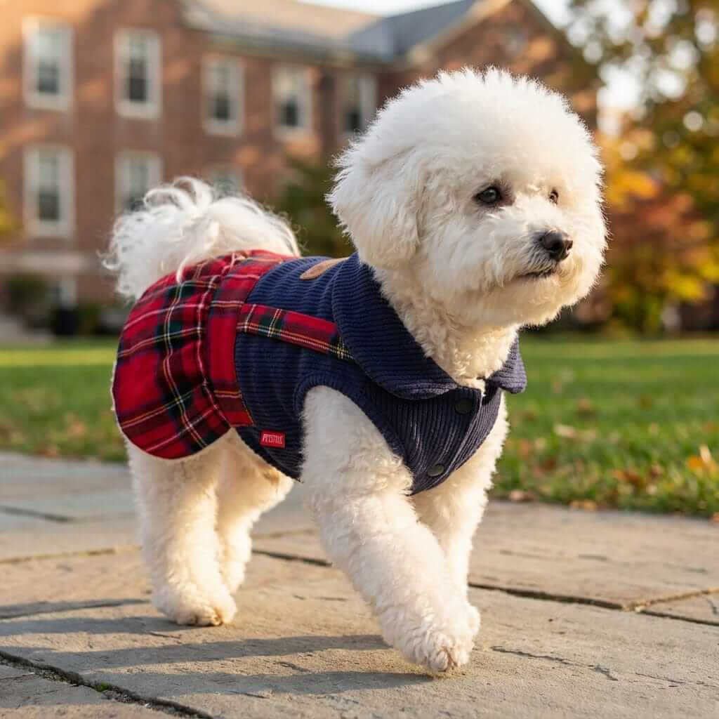 Going To College Plaid Dog Sweater Skirt on a dog, features plaid pattern, knitted collar, lightweight fabric - Dogs & Cats brand.