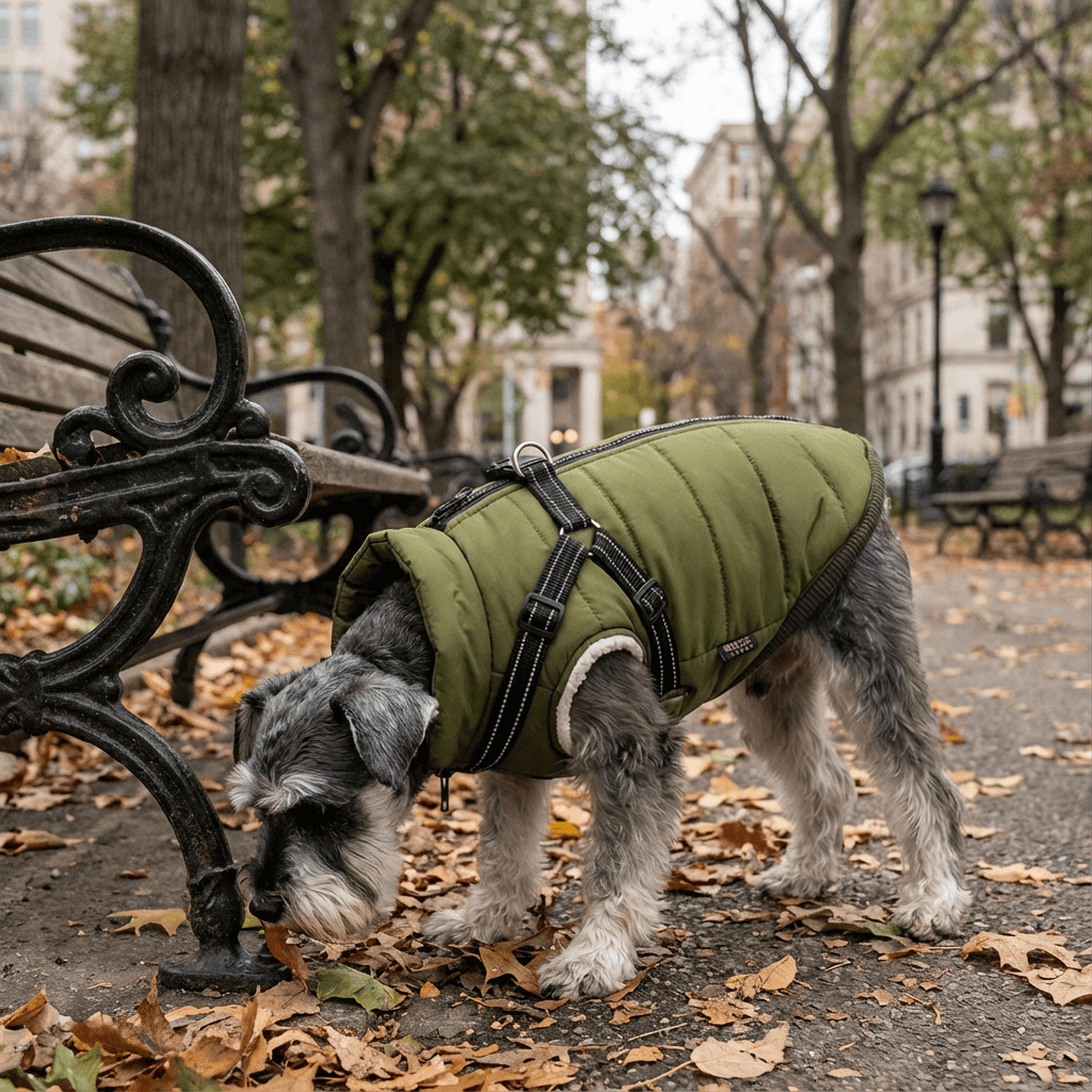 Golden Retriever Quilted Coat worn by a dog in a park, keeping warm with stylish design, perfect for cold weather outings.