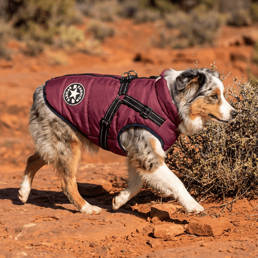 Golden Retriever Quilted Coat on a dog, featuring stylish design and warmth, ideal for winter protection. Dogs & Cats brand.
