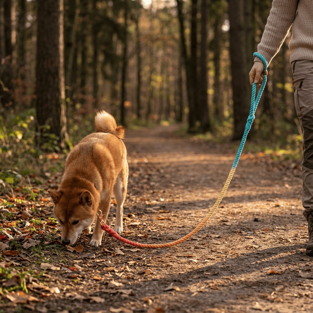 Gradient Hand-Dyed Cotton Dog Leash being used on a dog during a walk in the woods.