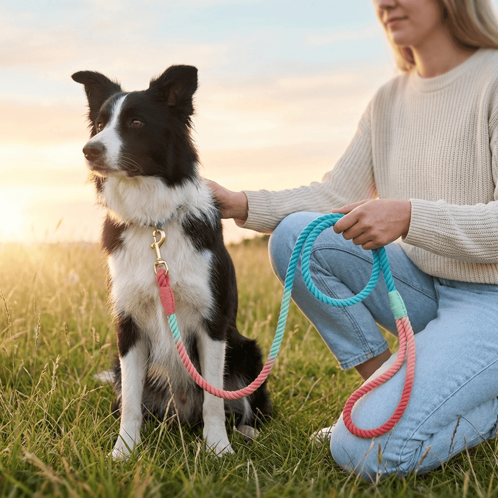 Gradient Hand-Dyed Cotton Dog Leash on a dog during sunset, showcasing vibrant colors and durability from Dogs & Cats.