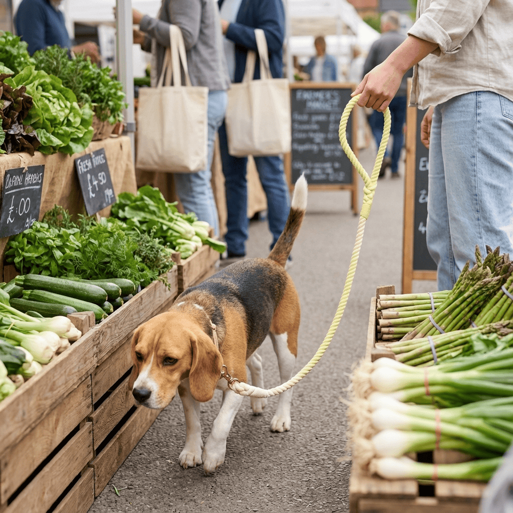A person walking a dog at a market with fresh vegetables while using a Gradient Hand-Dyed Cotton Dog Leash.