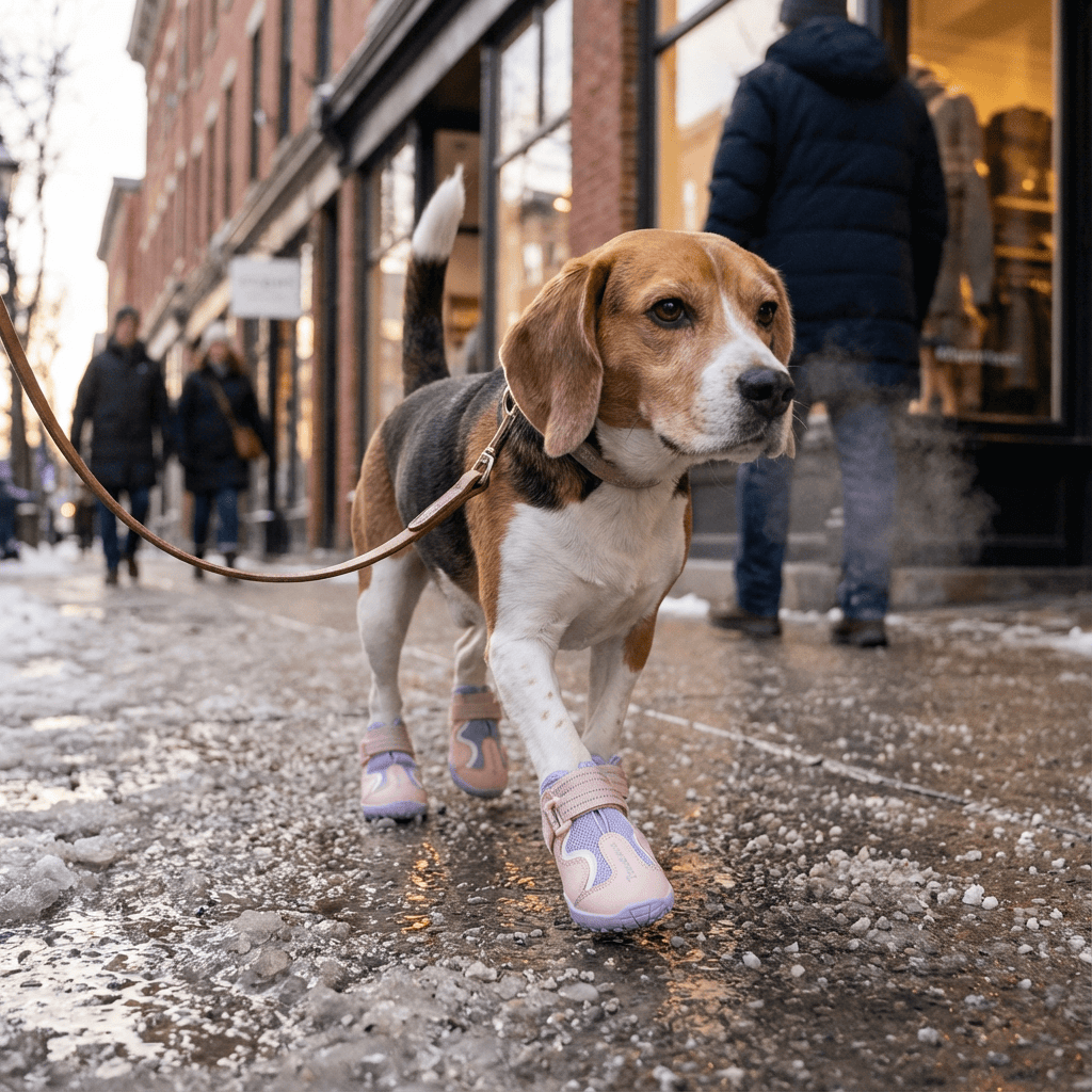 GripGuard Dog Shoes on a Beagle walking in winter, showcasing their durable TPR sole and non-slip design for safety.