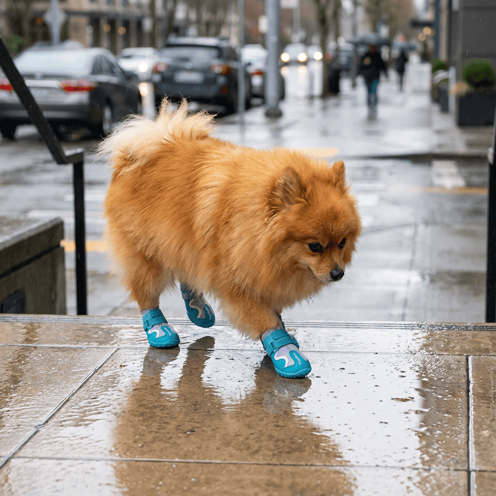 GripGuard Dog Shoes on a fluffy Pomeranian walking on wet pavement for protection and comfort in rainy weather.
