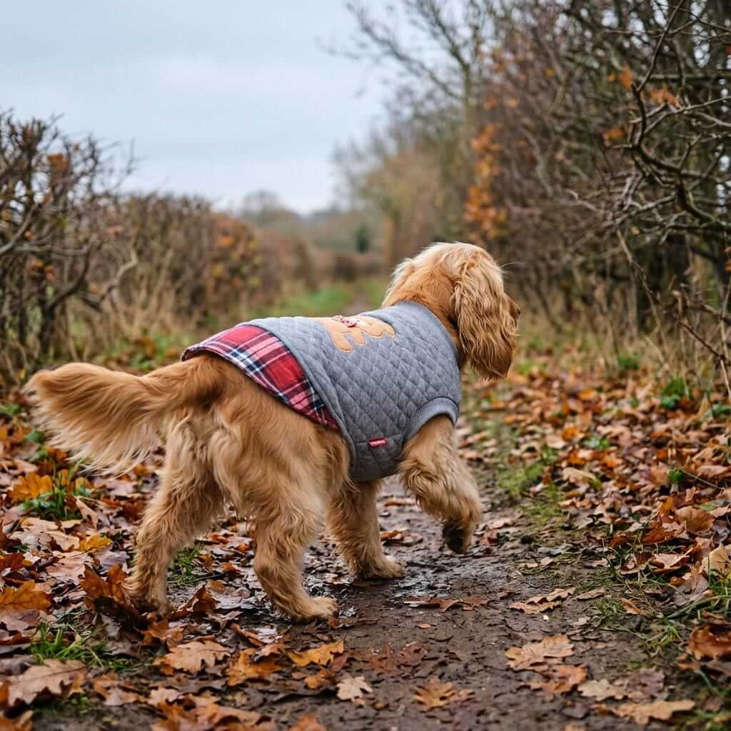 Grr And Purr Two-legged Dog Sweater on a dog walking through autumn leaves, featuring breathable fabric and comfortable two-legged style.