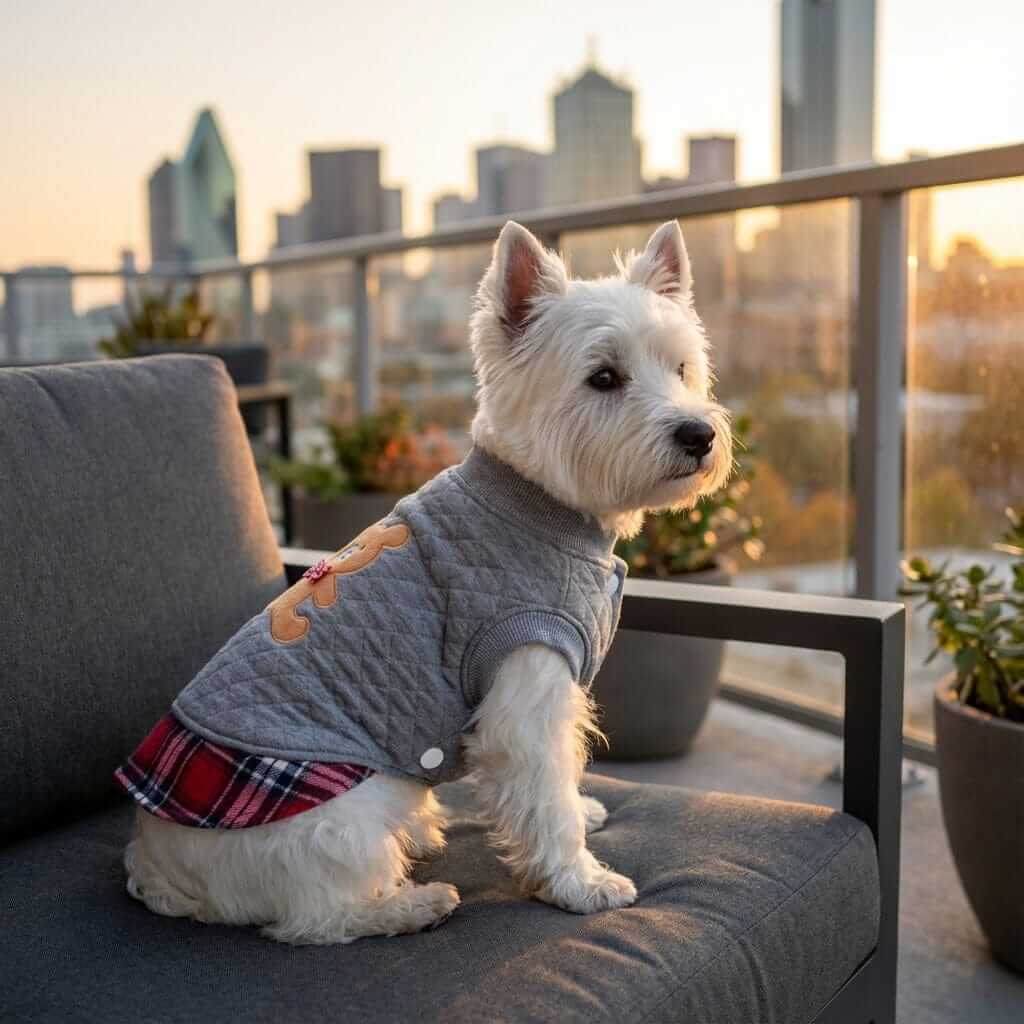 Grr And Purr Two-legged Dog Sweater on a Westie, featuring breathable fabric and bunny motif, perfect for dogs.