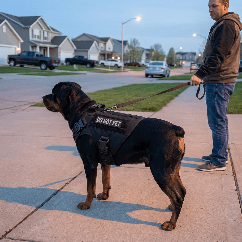 GuardianGear Tactical Dog Harness Vest on Rottweiler with "Do Not Pet" sign, perfect for outdoor adventures.