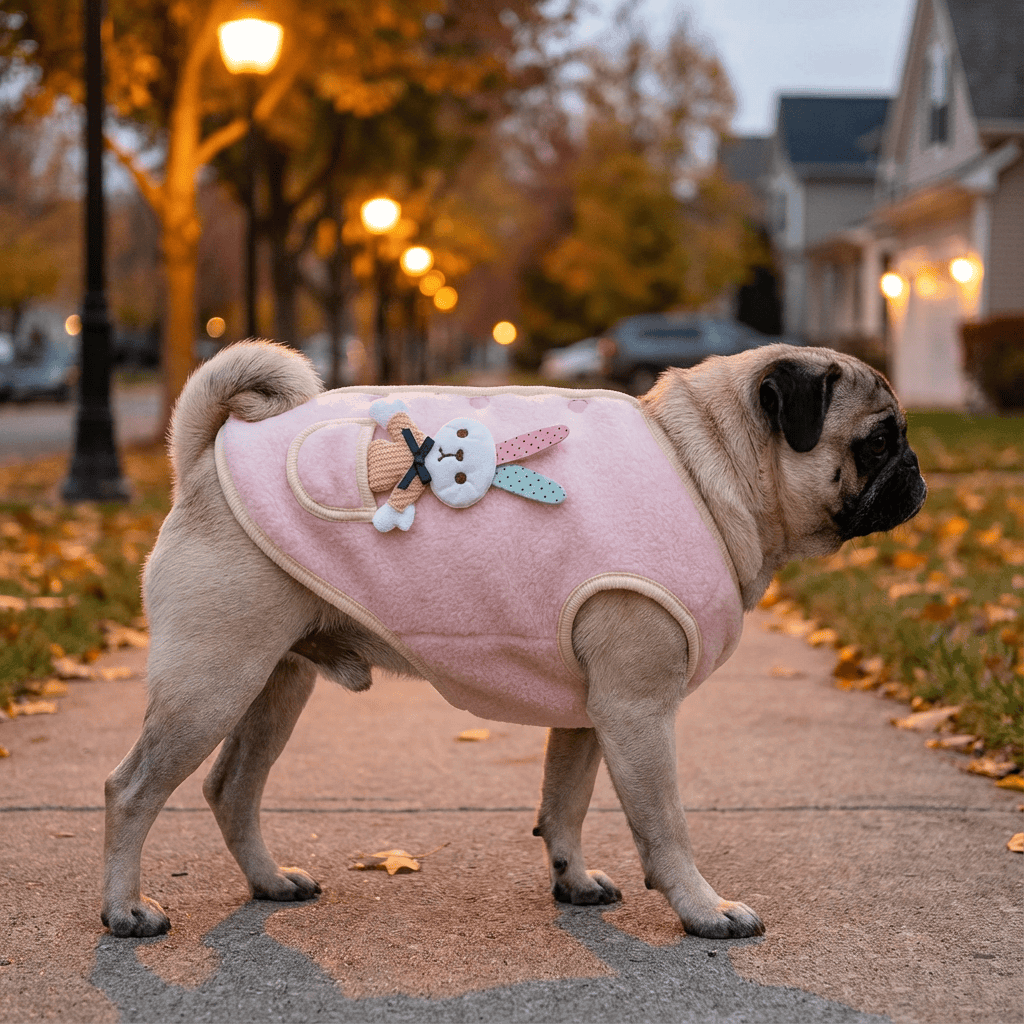 Happy Bunny Dog Teddy Warm Vest on a pug, featuring a breathable, warm design and button closure for pets.