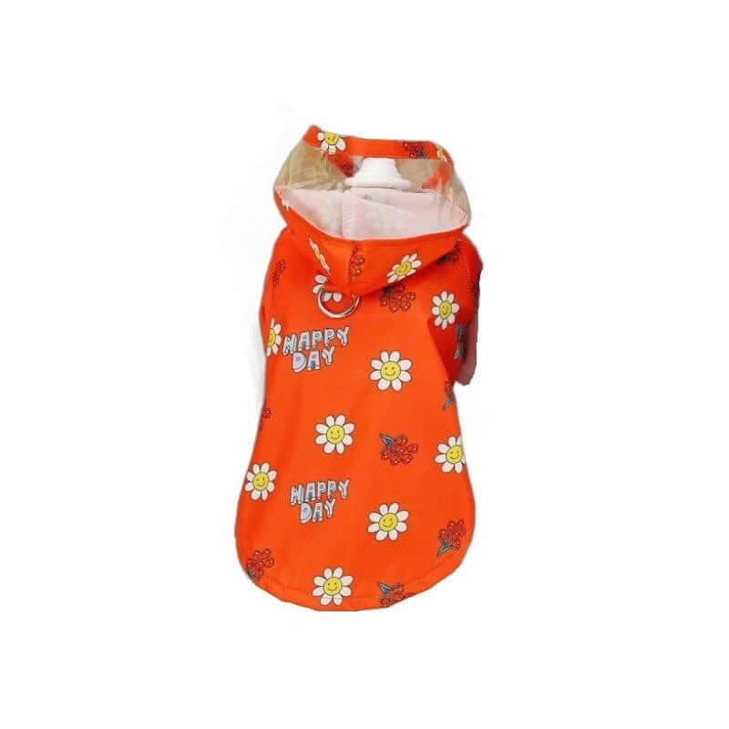 Crystal Clear Hooded Dog Raincoat for dogs, features bright orange design with flowers, stylish and functional.