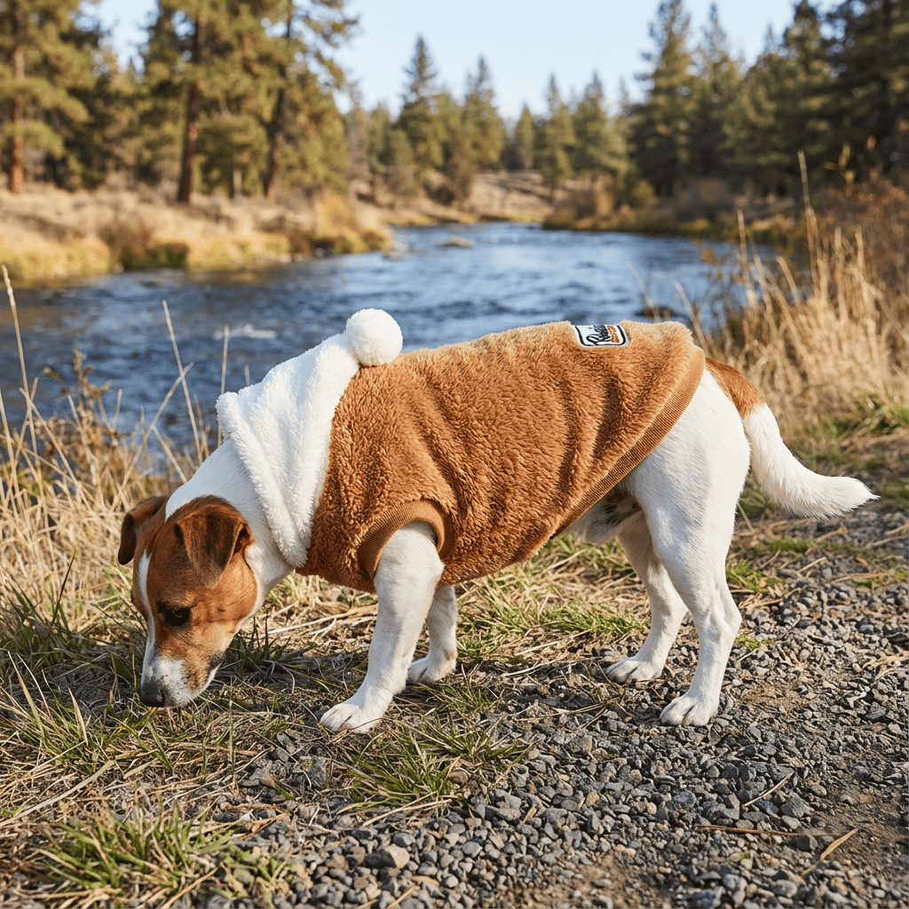 Happy Faces Dog Hooded Sweater on a dog enjoying nature, ideal for warmth and comfort for dogs & cats.