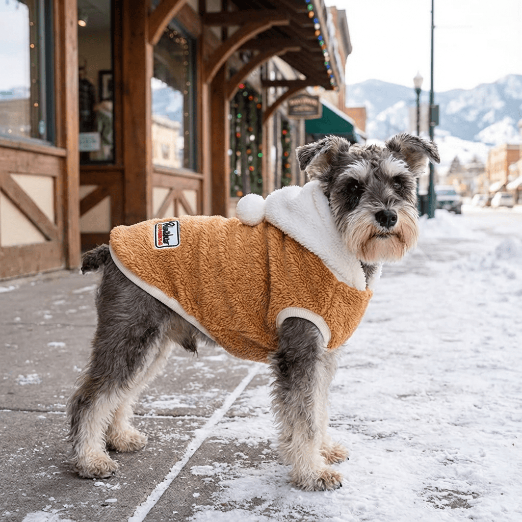 Happy Faces Dog Hooded Sweater on a dog in winter, features short sleeves, breathable, and comfortable, perfect for chilly days.