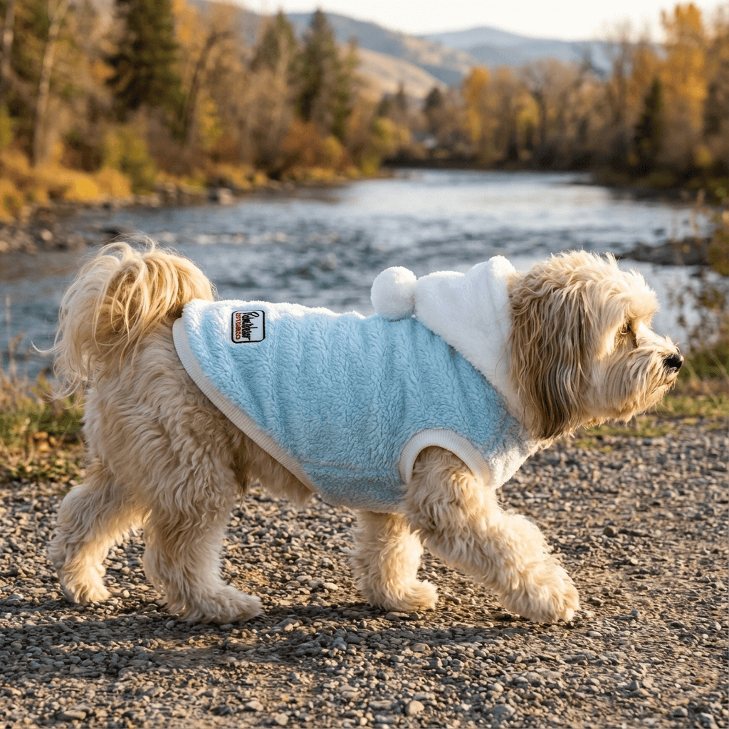 Happy Faces Dog Hooded Sweater on a dog walking by a river, featuring soft fabric, hooded design, perfect for chilly weather.