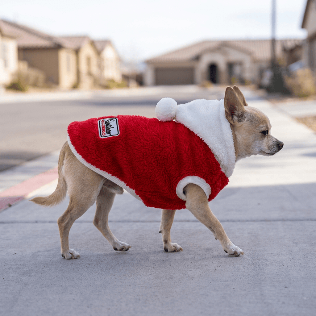 Happy Faces Dog Hooded Sweater on a small dog, featuring a hood, short sleeves, and a comfortable design.