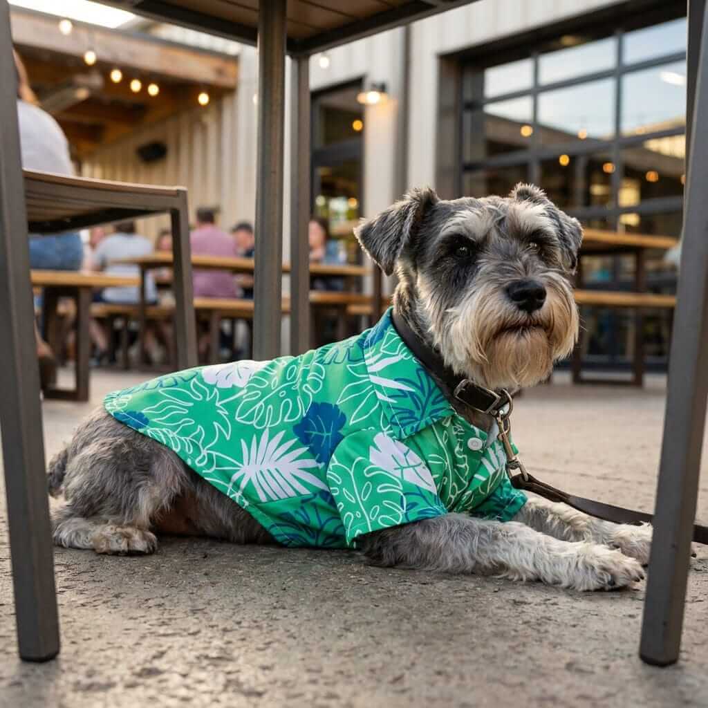 Hawaiian Dog Shirt on a dog, lightweight and breathable fabric, perfect for summer. Stylish design by Dogs & Cats.