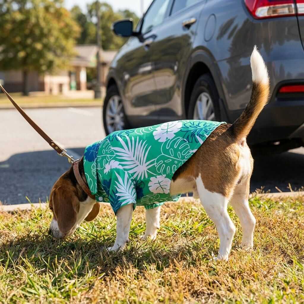 Hawaiian Dog Shirt on a beagle, featuring tropical design and lightweight fabric, perfect for summer outings.