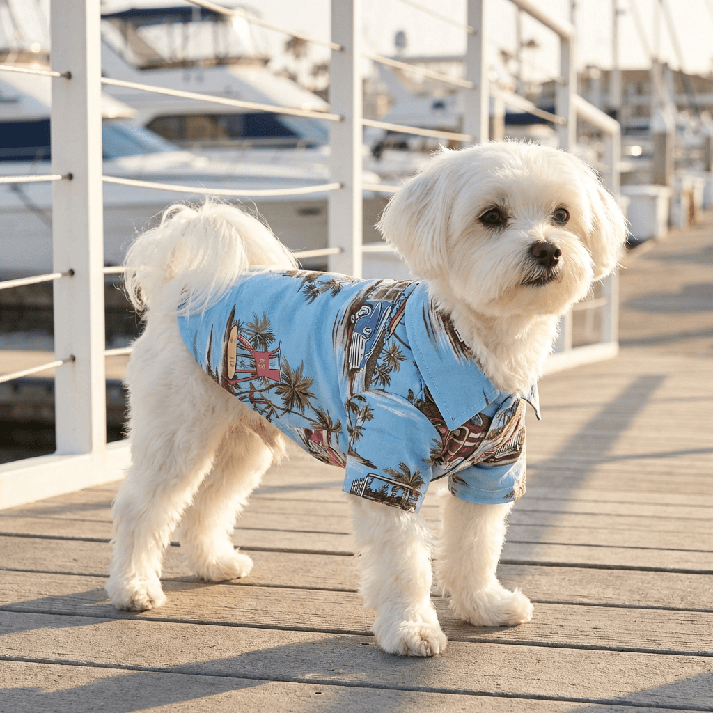 Hawaiian Print Beach Dog Shirt on a small dog, perfect for summer, lightweight, breathable cotton by Dogs & Cats.