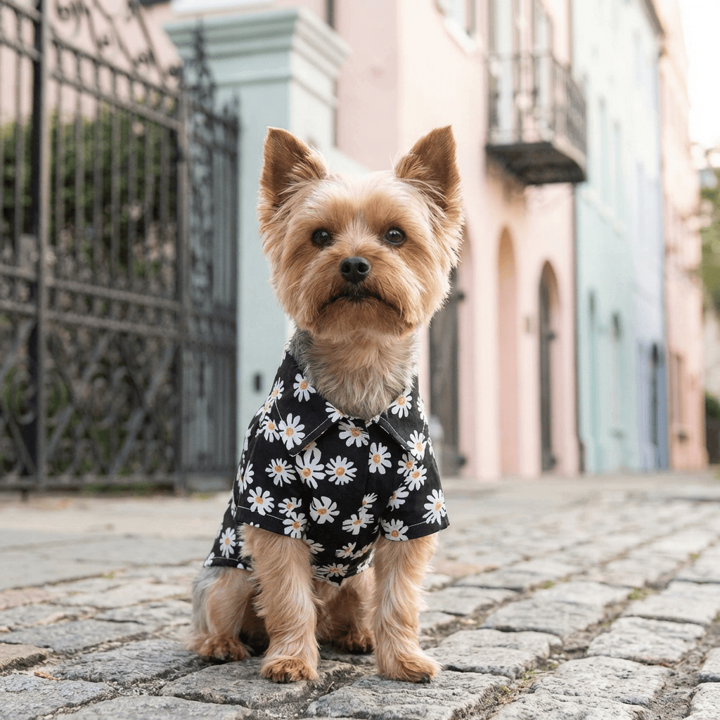 Hawaiian Print Beach Dog Shirt on a stylish small dog, lightweight and breathable for summer fun by Dogs & Cats.