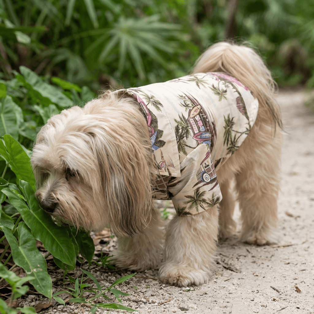 Adorable dog wearing Hawaiian Print Beach Dog Shirt while exploring greenery, showcasing its lightweight and breathable cotton material.