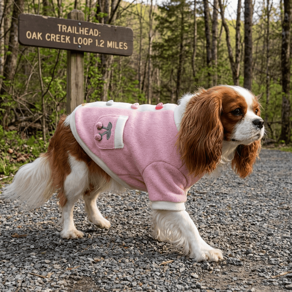 Heart And Flowers Dog Sweater on a Cavalier King Charles Spaniel walking on a trail, showcasing its floral embroidery and soft fabric.
