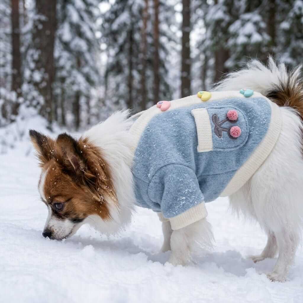 Heart And Flowers Dog Sweater on a dog in the snow, featuring soft fabric and floral embroidery by Dogs & Cats.