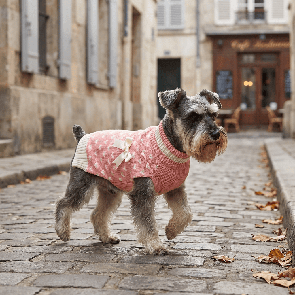 HeartBow Dog Sweater on a stylish dog walking in a quaint street, showcasing its bow and heart pattern.